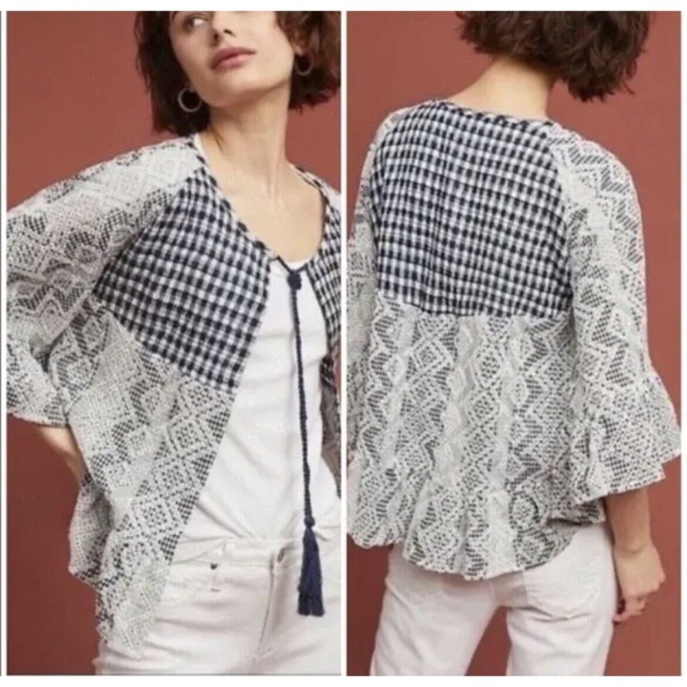 Akemi + Kin by Anthropologie OS Gingham Eyelet Kimono Open Front Blue/Cream